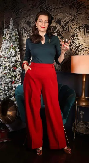1930s and 40s Classic High Waist Wide Leg Trousers In Red