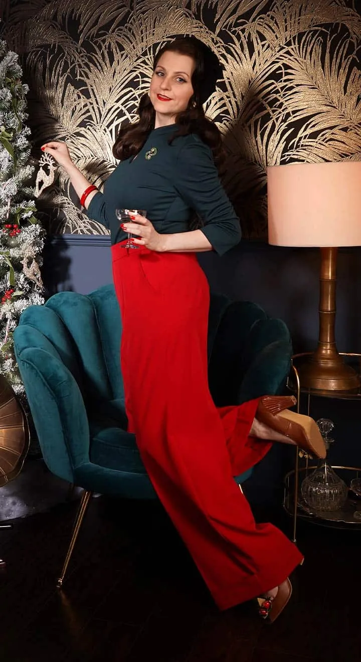 1930s and 40s Classic High Waist Wide Leg Trousers In Red