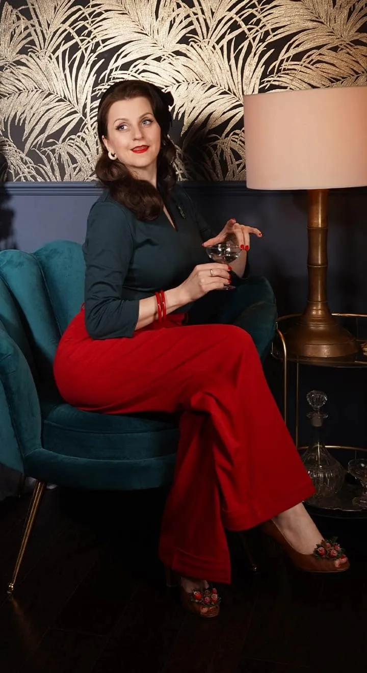 1930s and 40s Classic High Waist Wide Leg Trousers In Red