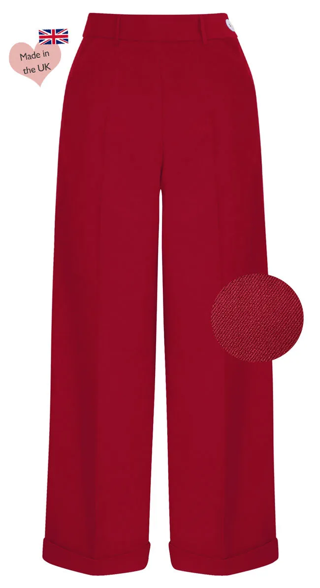 1930s and 40s Classic High Waist Wide Leg Trousers In Red