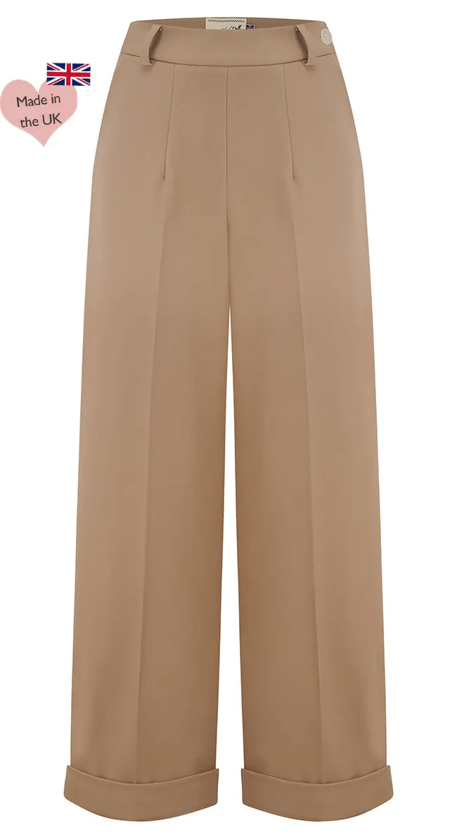 1930s and 40s Classic High Waist Wide Leg Trousers In Tan