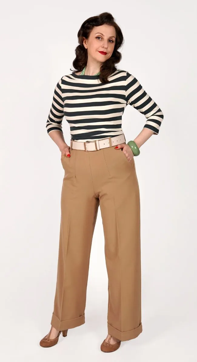 1930s and 40s Classic High Waist Wide Leg Trousers In Tan