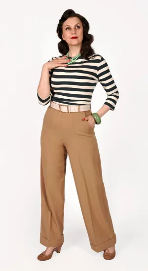 1930s and 40s Classic High Waist Wide Leg Trousers In Tan