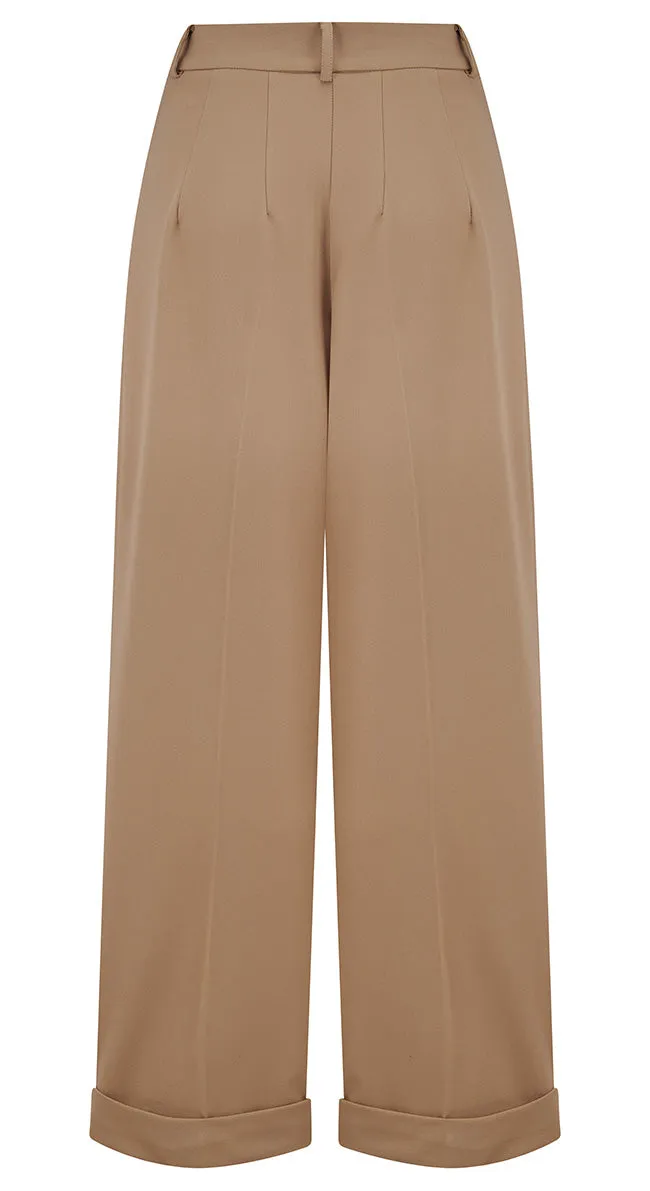 1930s and 40s Classic High Waist Wide Leg Trousers In Tan