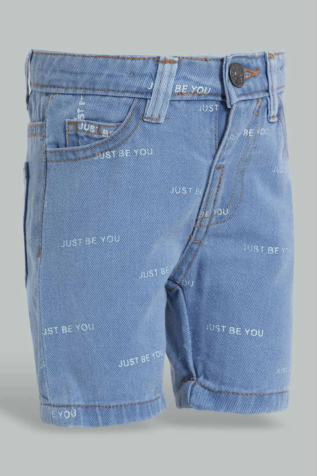 Blue Printed 5-Pockets Denim Short For Baby Boys