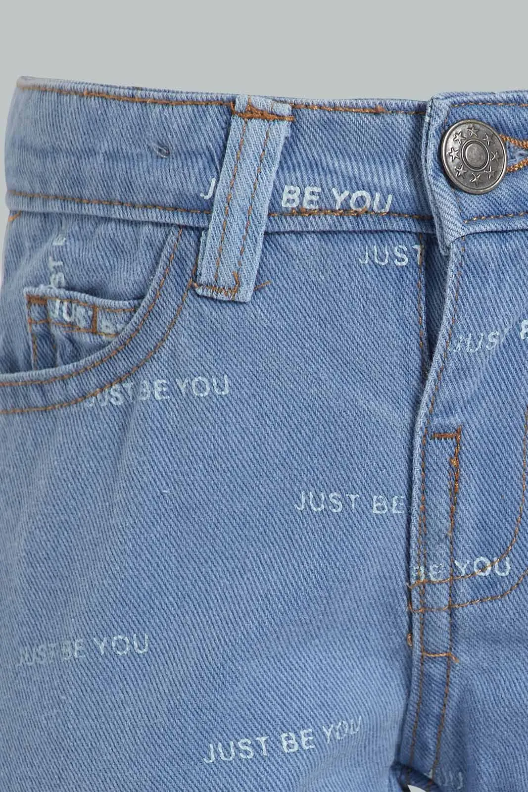 Blue Printed 5-Pockets Denim Short For Baby Boys