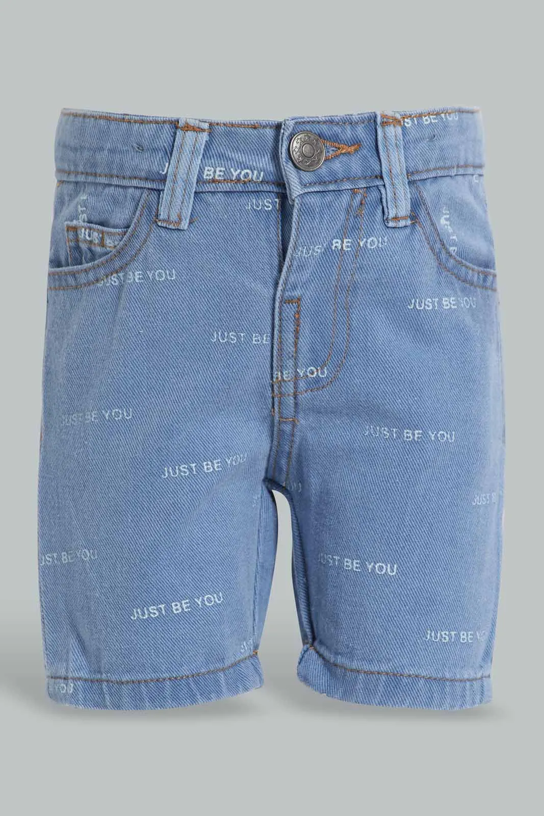 Blue Printed 5-Pockets Denim Short For Baby Boys