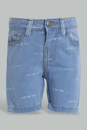 Blue Printed 5-Pockets Denim Short For Baby Boys