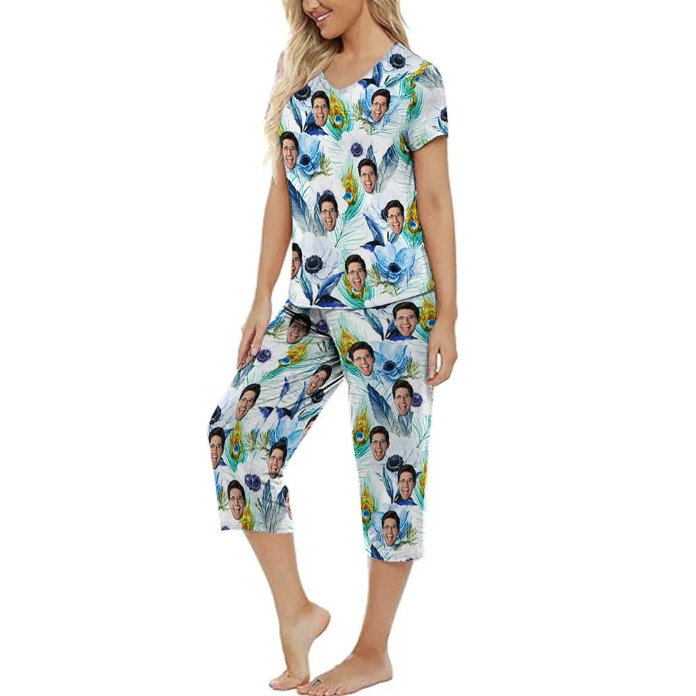 Custom Face Blue White Flowers Women's Loungewear Set Short Sleeve Shirt and Capri Pants Sleepwear Pajama Set