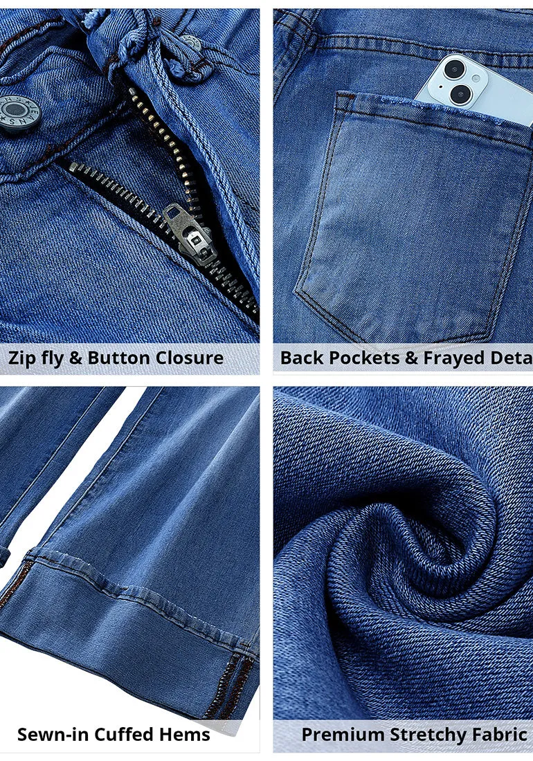Dark Blue Women's High Waisted Wide Leg Denim Jeans Cuffed Hem Baggy Pockets Capri Pants
