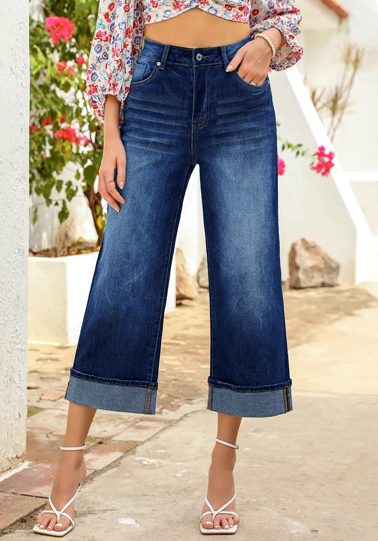 Dark Blue Women's High Waisted Wide Leg Denim Jeans Cuffed Hem Baggy Pockets Capri Pants