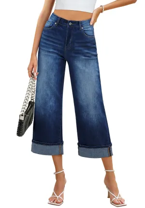 Dark Blue Women's High Waisted Wide Leg Denim Jeans Cuffed Hem Baggy Pockets Capri Pants