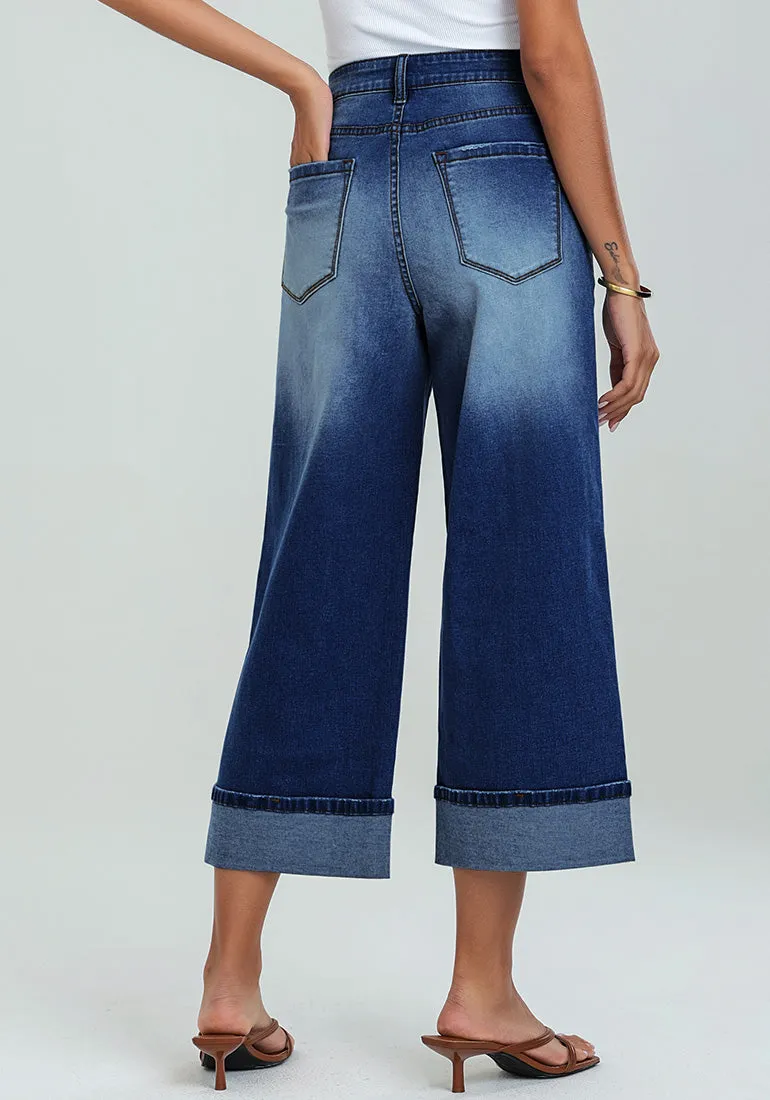 Dark Blue Women's High Waisted Wide Leg Denim Jeans Cuffed Hem Baggy Pockets Capri Pants