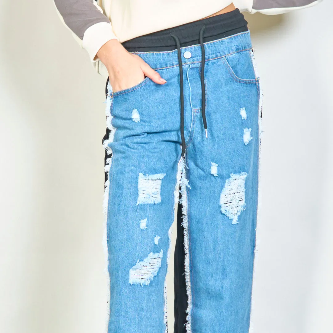 Distressed denim jogger pants with elastic waist wholesale