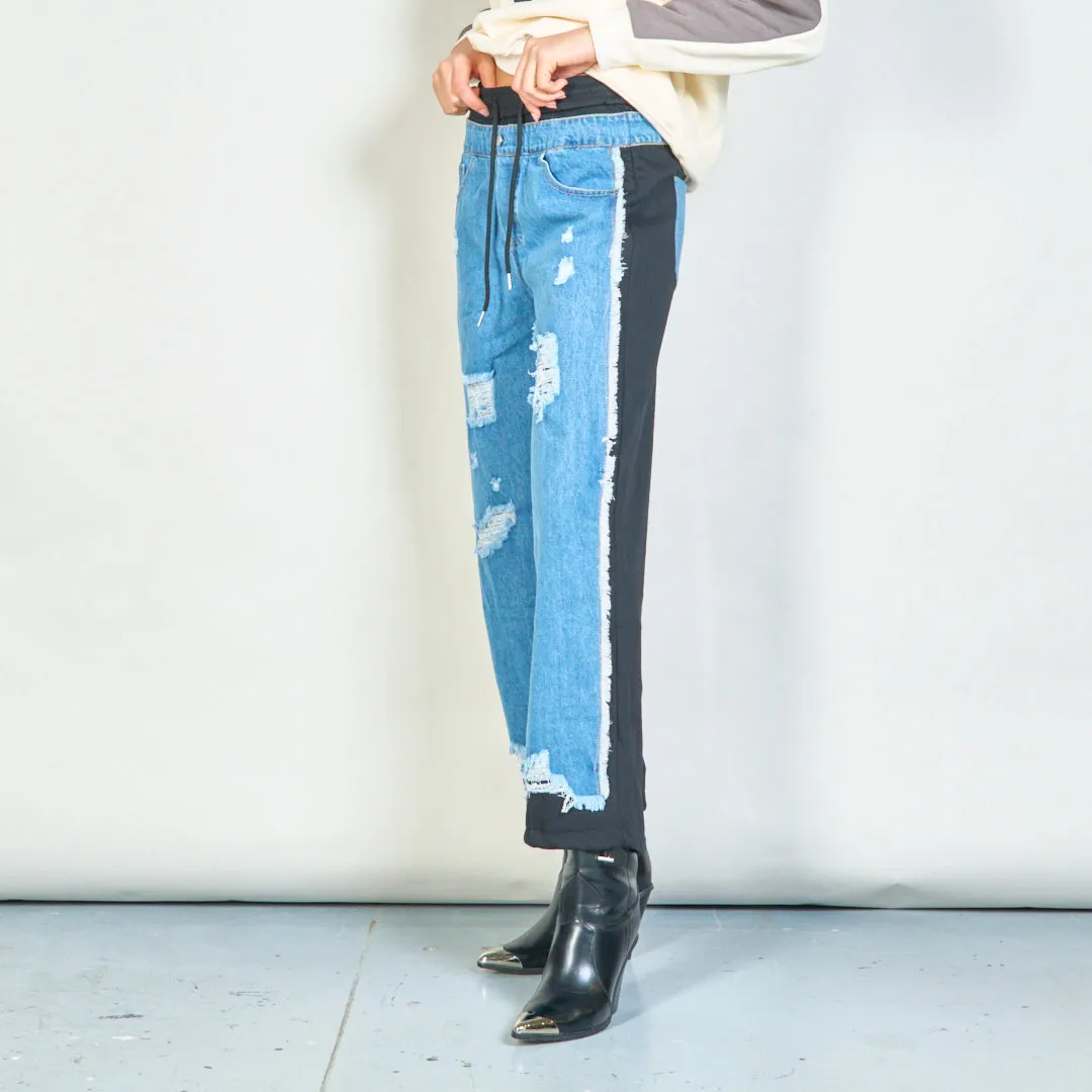 Distressed denim jogger pants with elastic waist wholesale