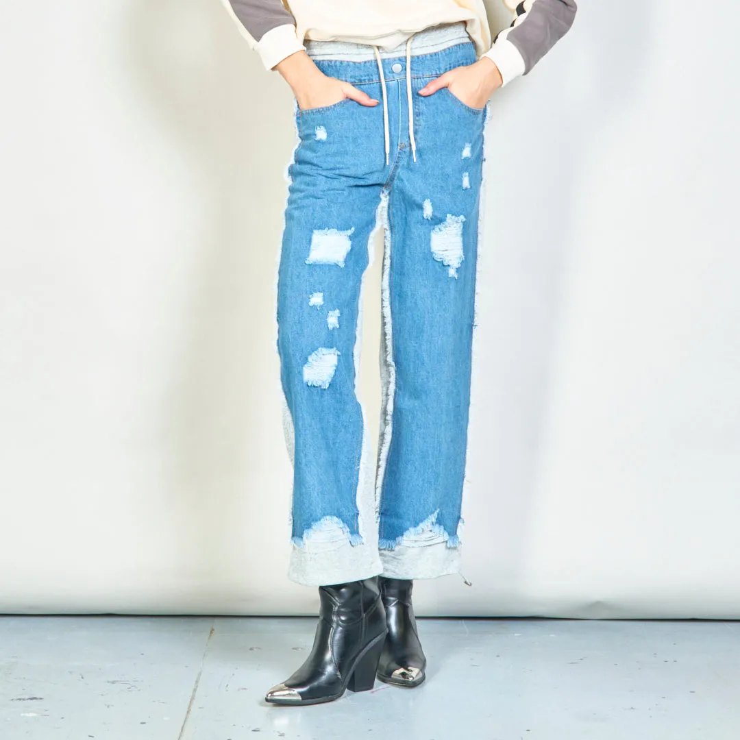 Distressed denim jogger pants with elastic waist wholesale