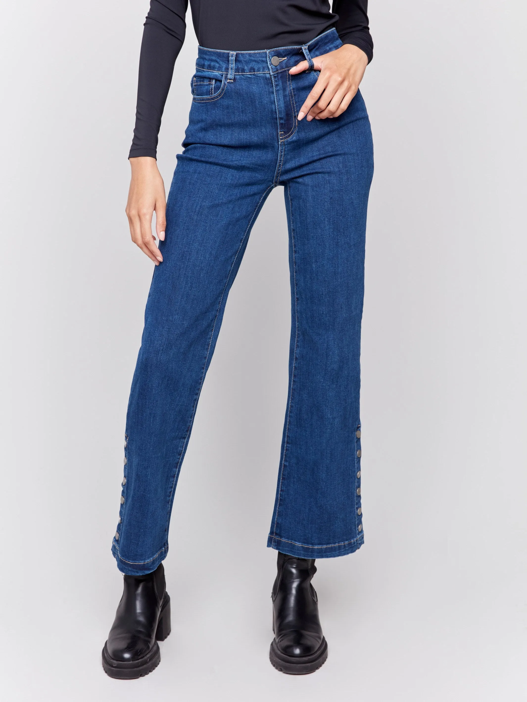 Flare Jeans With Side Buttons - Indigo