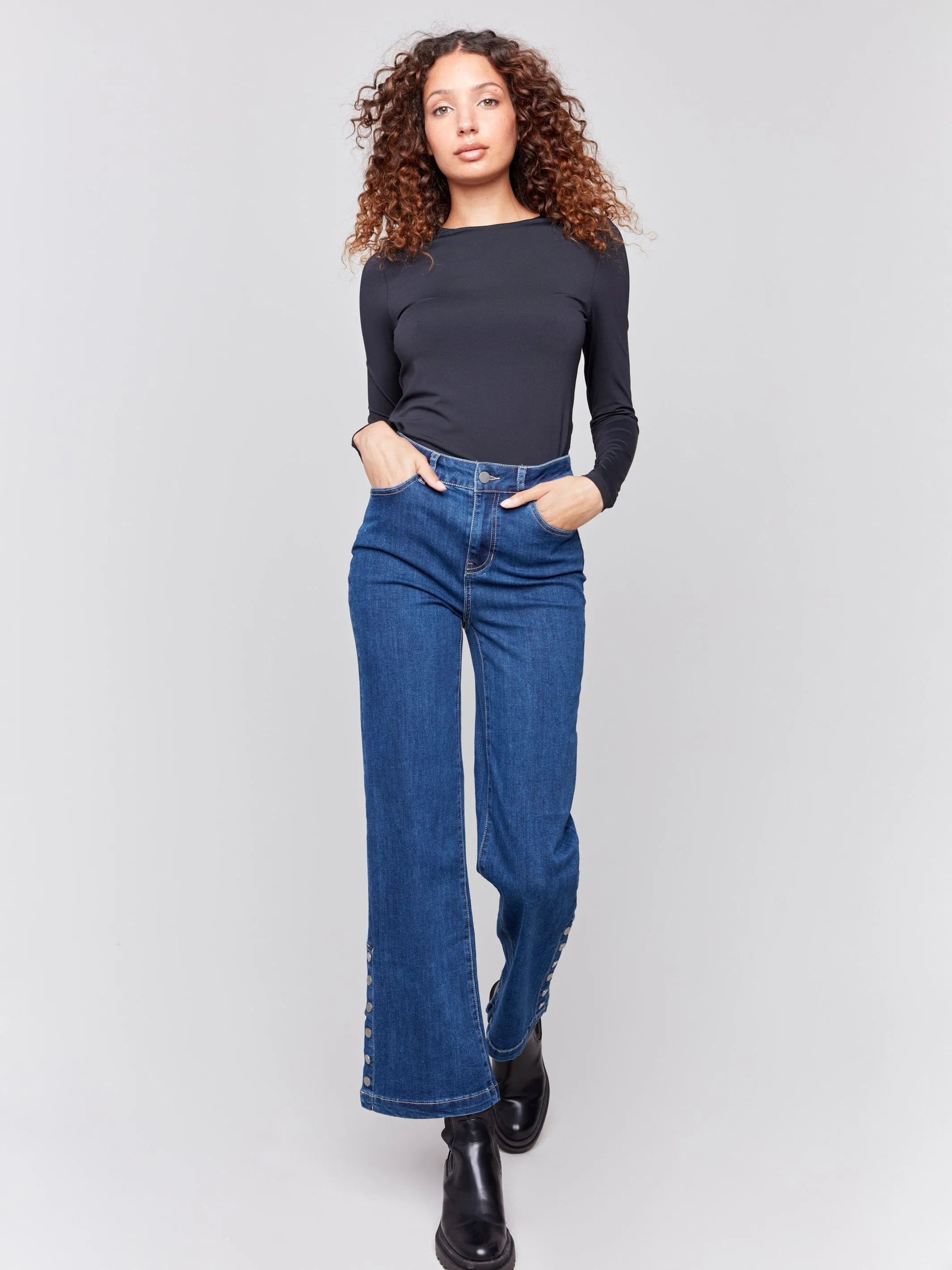 Flare Jeans With Side Buttons - Indigo