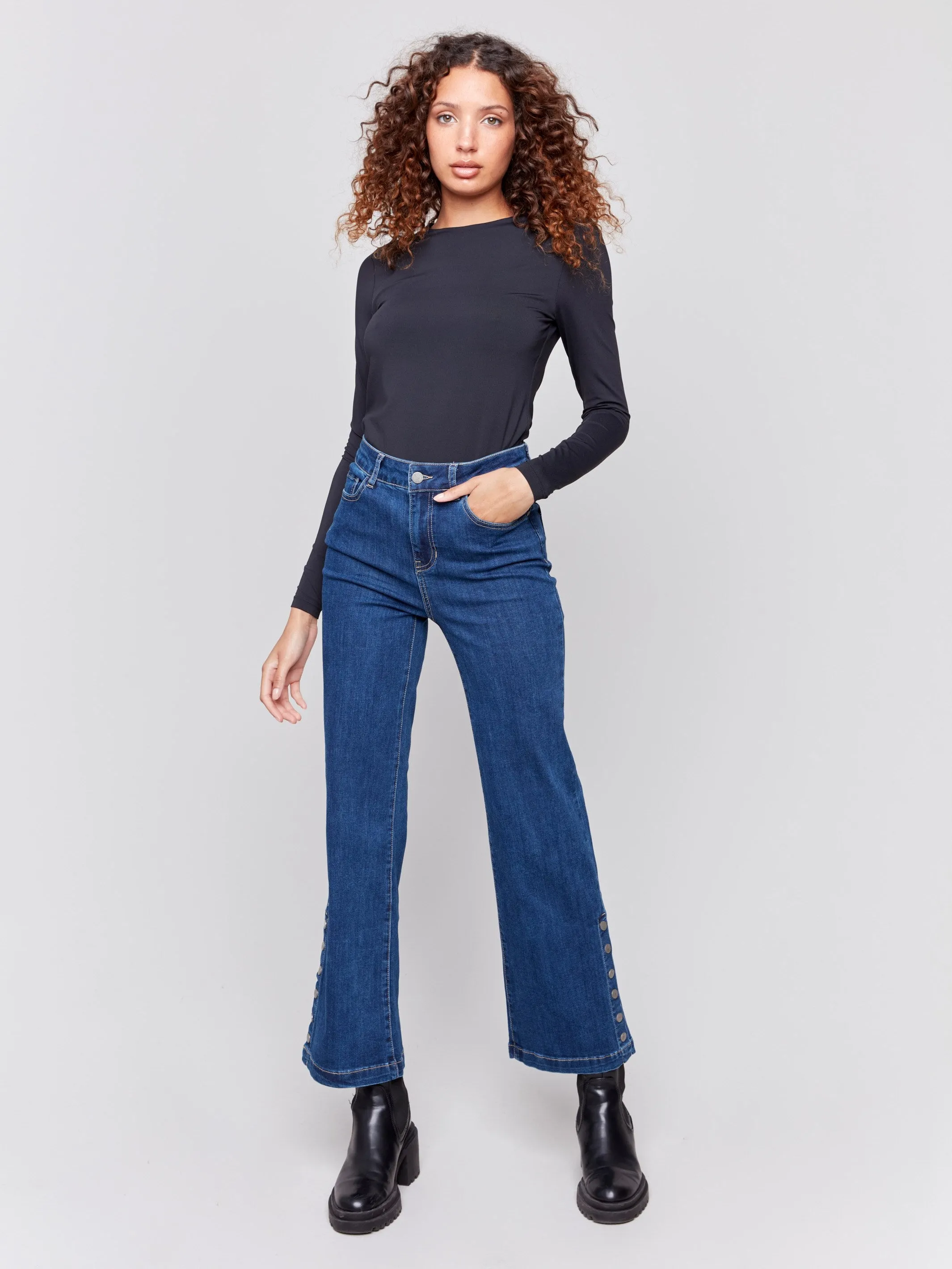 Flare Jeans With Side Buttons - Indigo