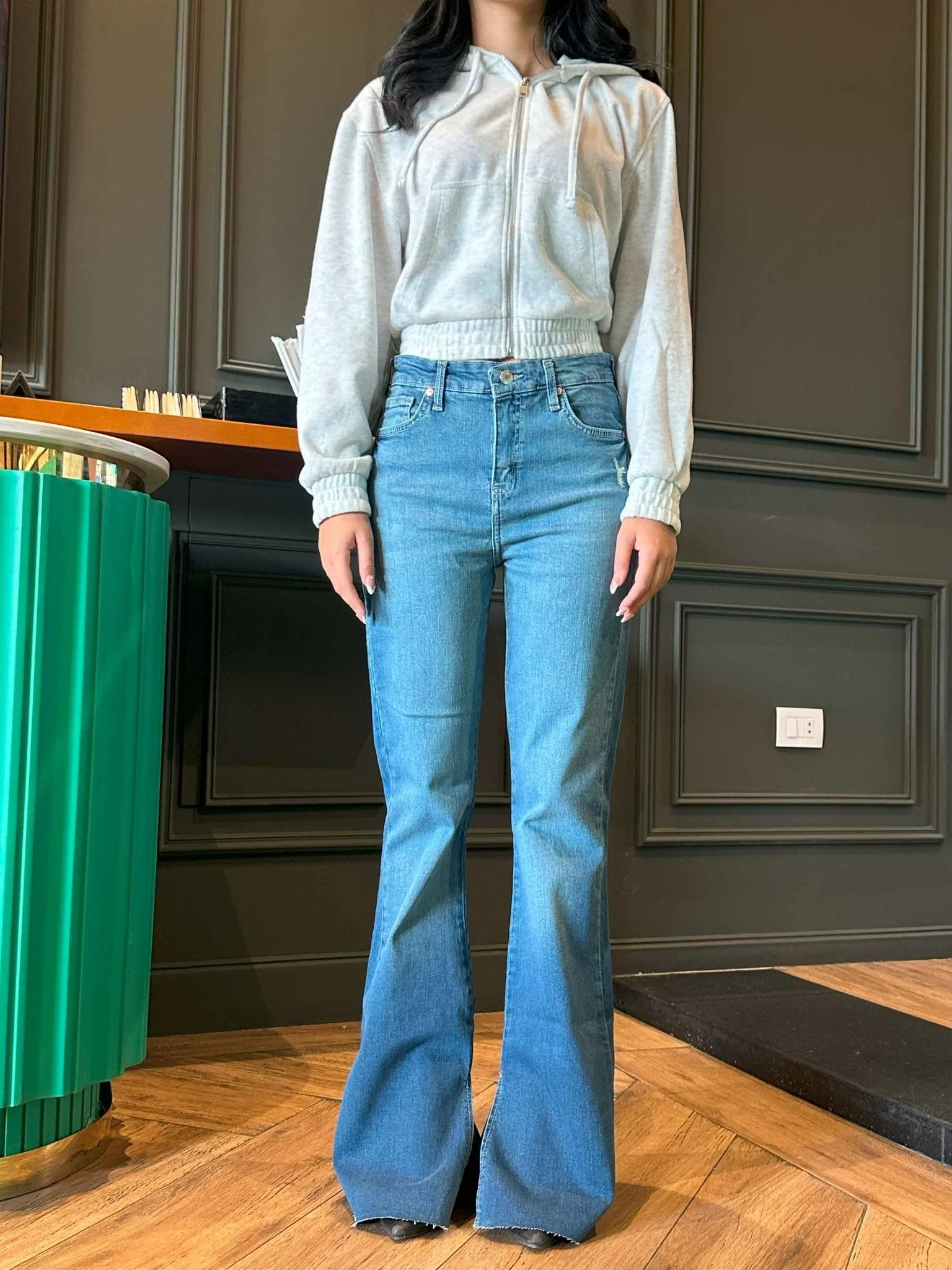 Flared - Medium Blue Wash Split Hem Jeans.