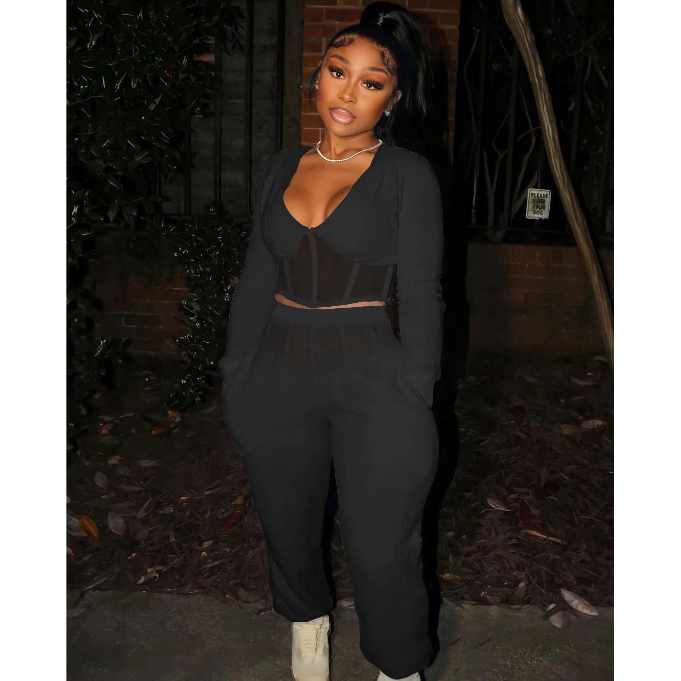 MB FASHION Plunge Corset Top and Jogger Pants Two-Piece Set 7115R