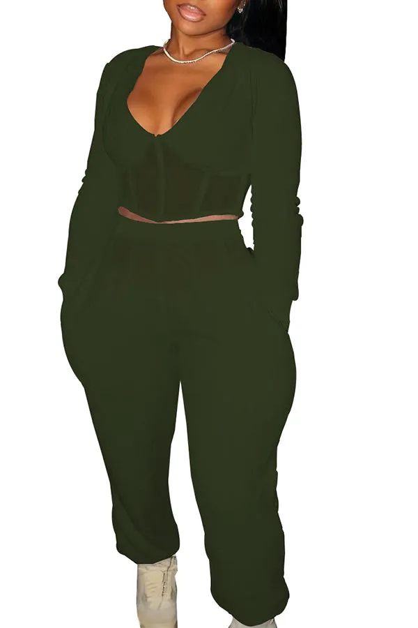 MB FASHION Plunge Corset Top and Jogger Pants Two-Piece Set 7115R