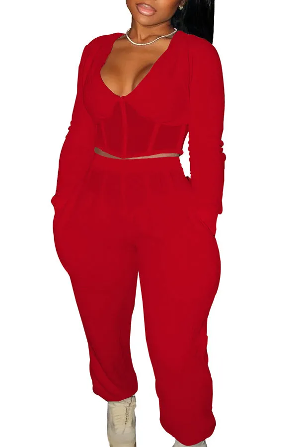 MB FASHION Plunge Corset Top and Jogger Pants Two-Piece Set 7115R