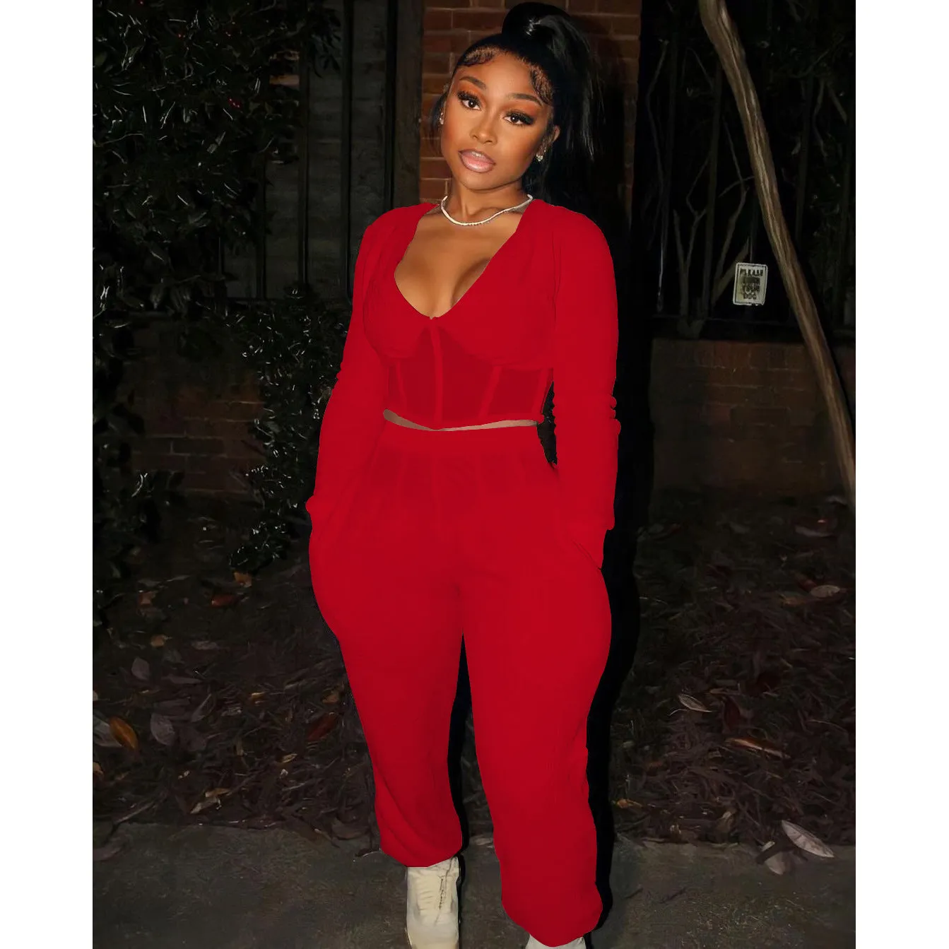 MB FASHION Plunge Corset Top and Jogger Pants Two-Piece Set 7115R