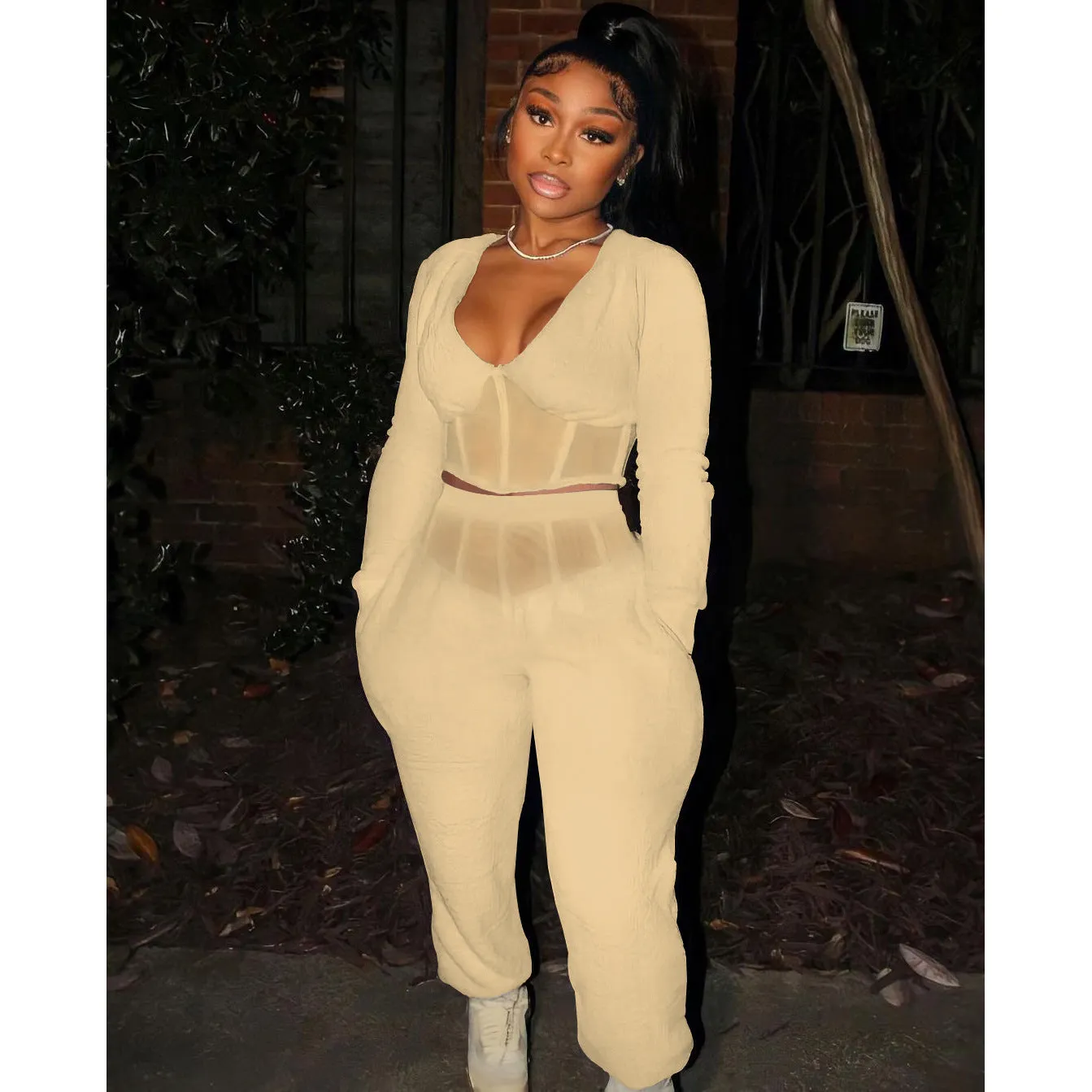 MB FASHION Plunge Corset Top and Jogger Pants Two-Piece Set 7115R