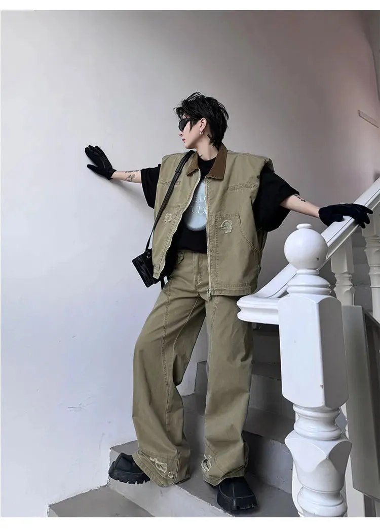 Men's Khaki Distressed Denim 2-Piece Set