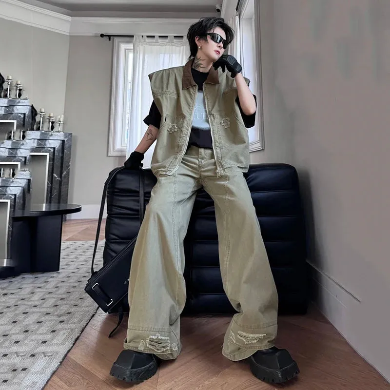 Men's Khaki Distressed Denim 2-Piece Set
