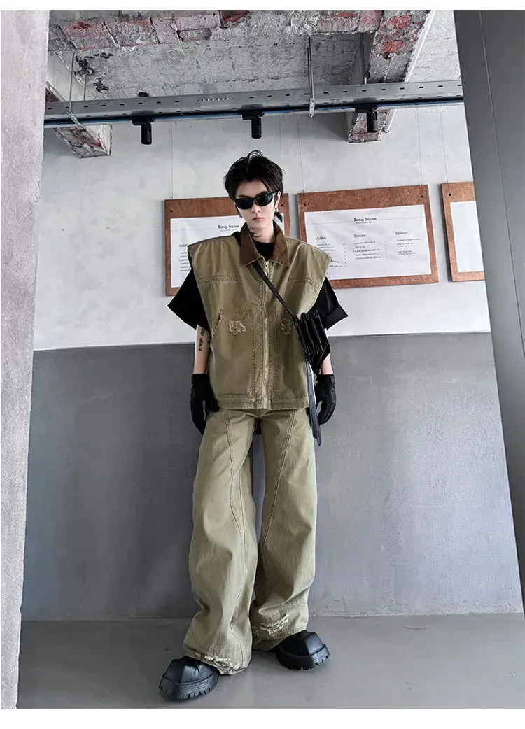 Men's Khaki Distressed Denim 2-Piece Set