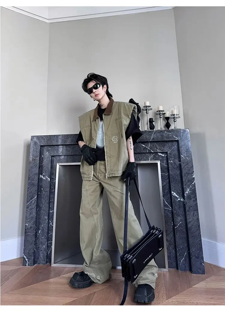 Men's Khaki Distressed Denim 2-Piece Set