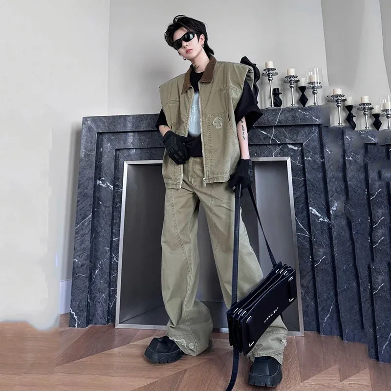Men's Khaki Distressed Denim 2-Piece Set