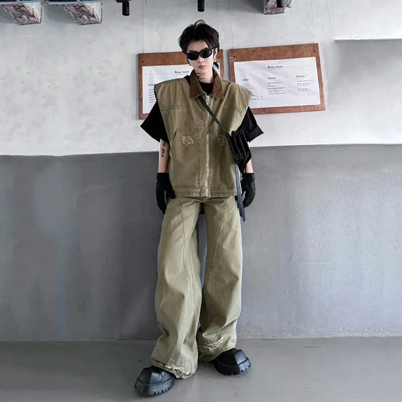 Men's Khaki Distressed Denim 2-Piece Set