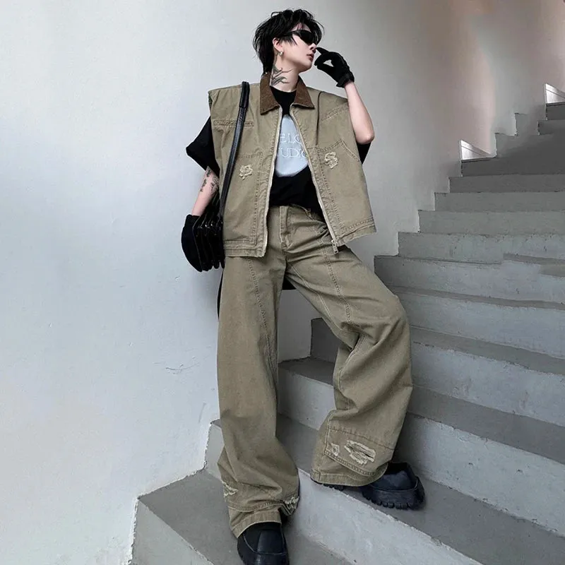 Men's Khaki Distressed Denim 2-Piece Set