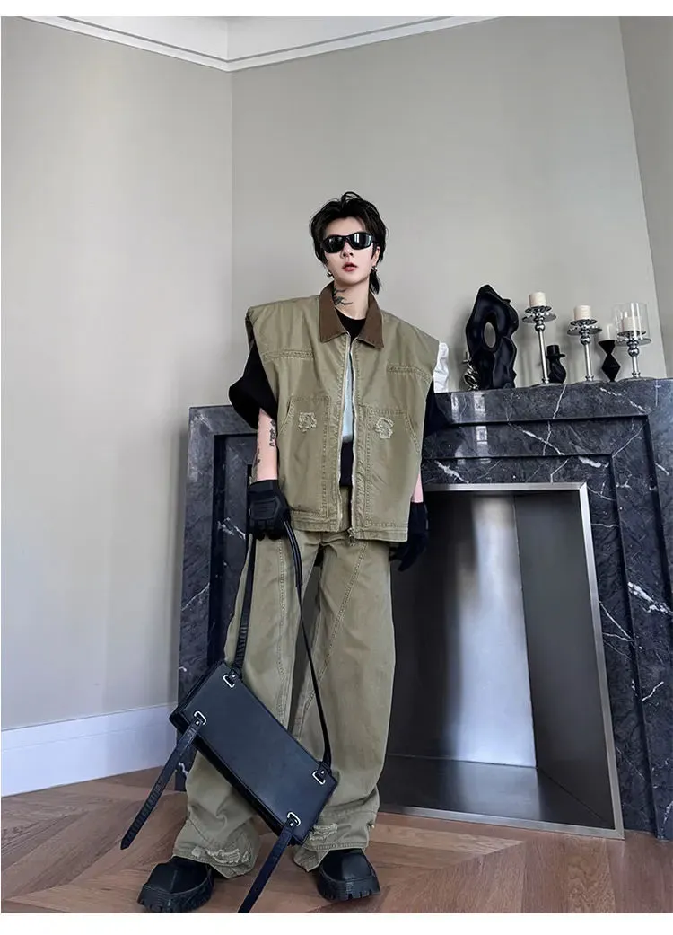 Men's Khaki Distressed Denim 2-Piece Set
