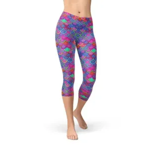 Mermaid Magic Women's Capri Leggings in Charming Lavender and Coral
