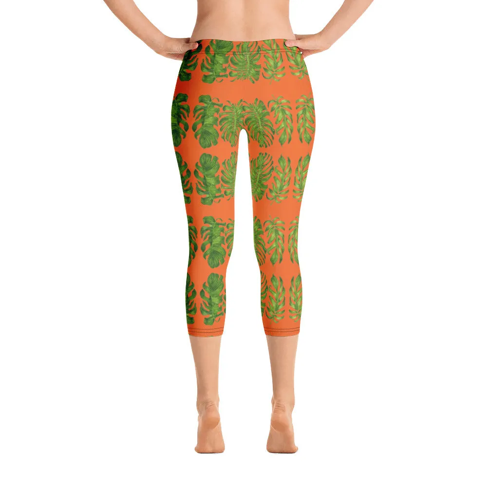 Orange Tropical Leaf Capri Leggings, Hawaiian Style Leaves Green Women's Capri Tights-Made in USA/EU