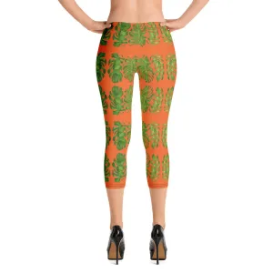 Orange Tropical Leaf Capri Leggings, Hawaiian Style Leaves Green Women's Capri Tights-Made in USA/EU