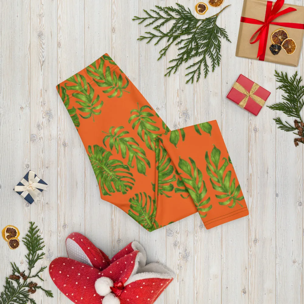 Orange Tropical Leaf Capri Leggings, Hawaiian Style Leaves Green Women's Capri Tights-Made in USA/EU