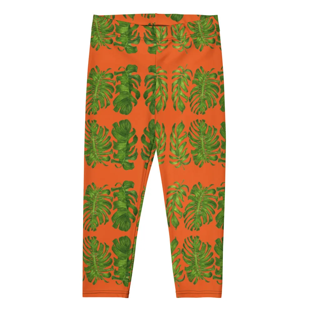 Orange Tropical Leaf Capri Leggings, Hawaiian Style Leaves Green Women's Capri Tights-Made in USA/EU