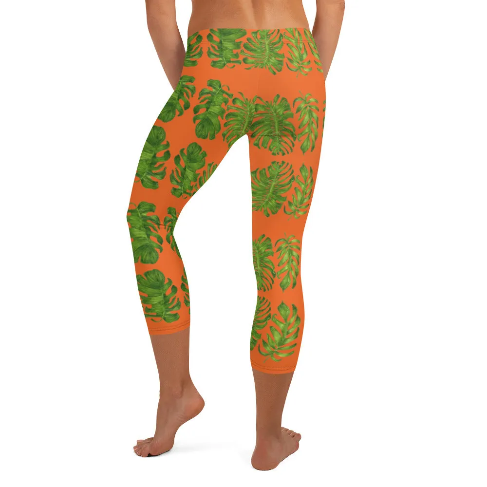 Orange Tropical Leaf Capri Leggings, Hawaiian Style Leaves Green Women's Capri Tights-Made in USA/EU