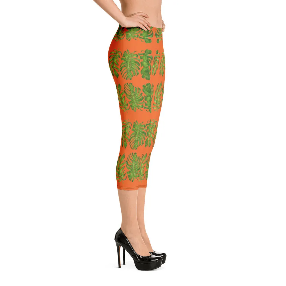 Orange Tropical Leaf Capri Leggings, Hawaiian Style Leaves Green Women's Capri Tights-Made in USA/EU