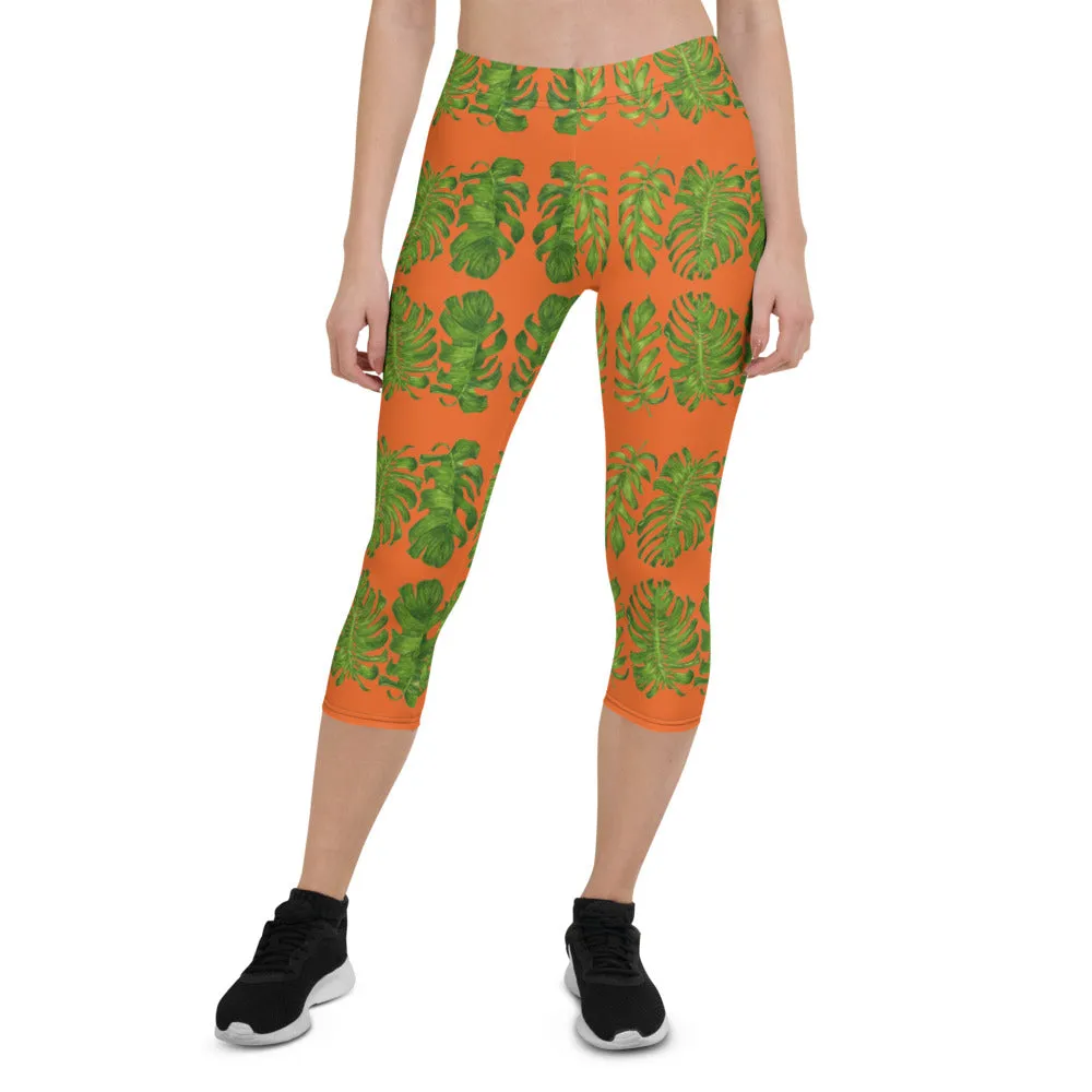 Orange Tropical Leaf Capri Leggings, Hawaiian Style Leaves Green Women's Capri Tights-Made in USA/EU