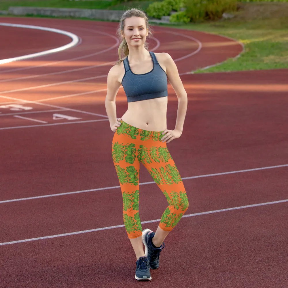 Orange Tropical Leaf Capri Leggings, Hawaiian Style Leaves Green Women's Capri Tights-Made in USA/EU