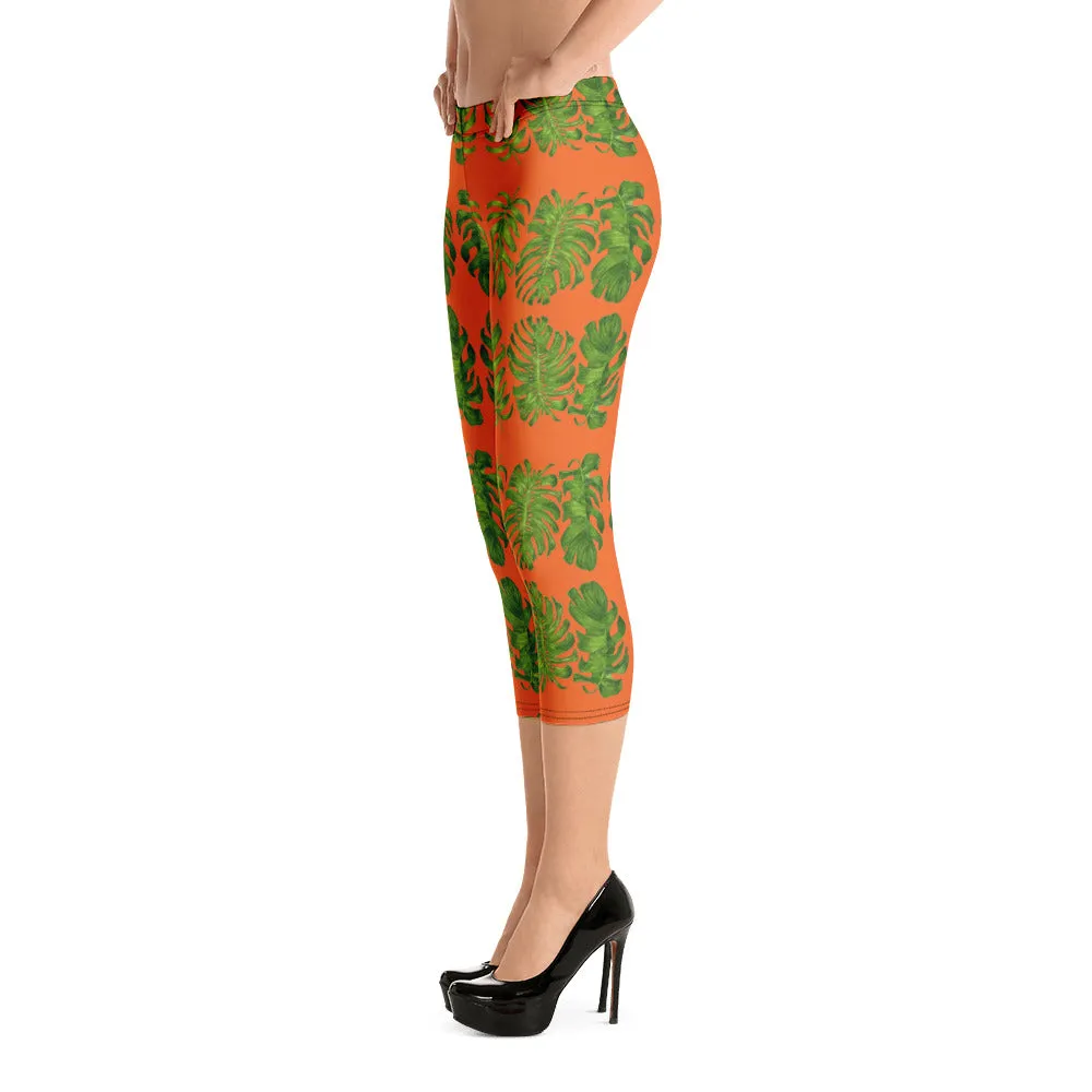 Orange Tropical Leaf Capri Leggings, Hawaiian Style Leaves Green Women's Capri Tights-Made in USA/EU