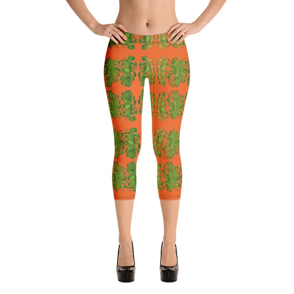 Orange Tropical Leaf Capri Leggings, Hawaiian Style Leaves Green Women's Capri Tights-Made in USA/EU