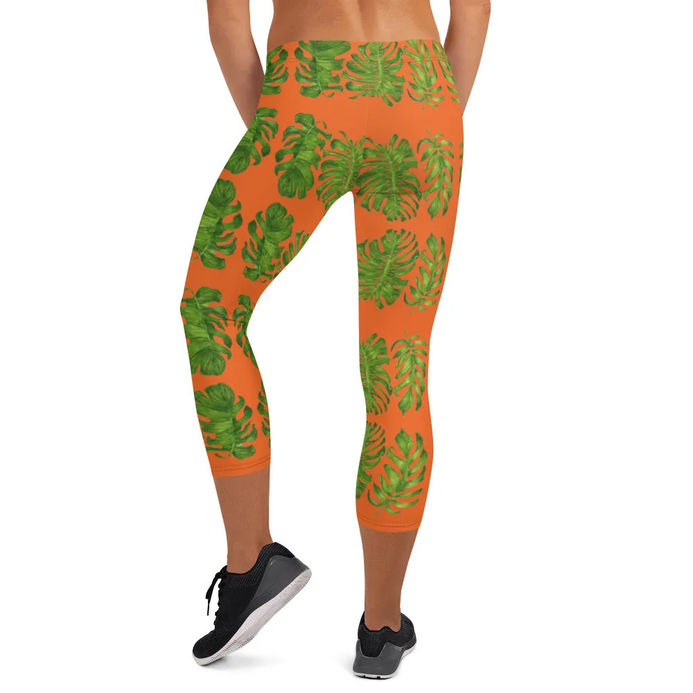 Orange Tropical Leaf Capri Leggings, Hawaiian Style Leaves Green Women's Capri Tights-Made in USA/EU