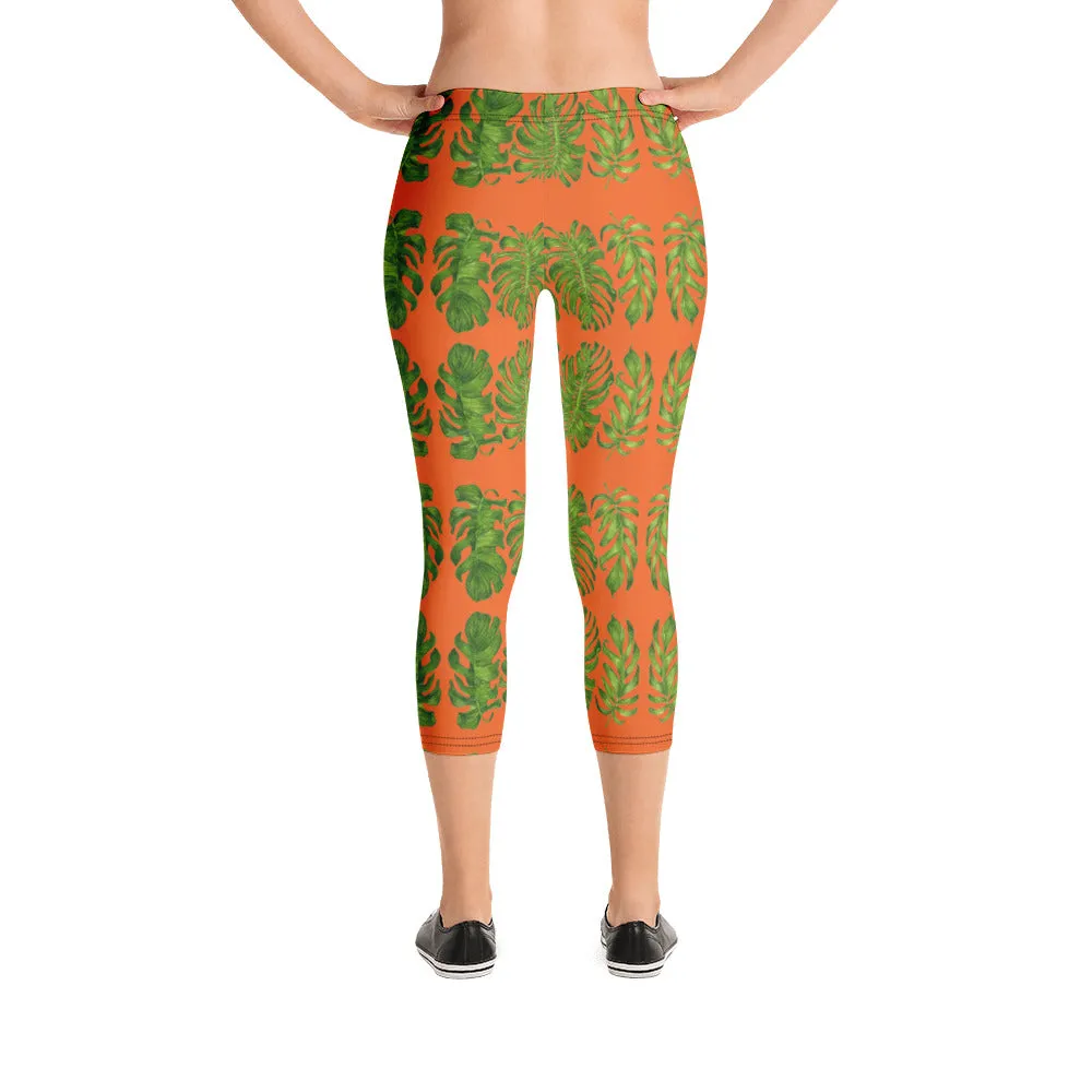 Orange Tropical Leaf Capri Leggings, Hawaiian Style Leaves Green Women's Capri Tights-Made in USA/EU